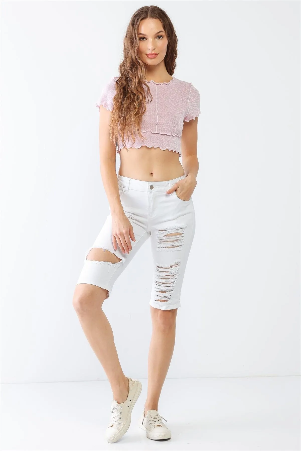 White Denim Cotton Distressed Capri Jeans Pre Pack