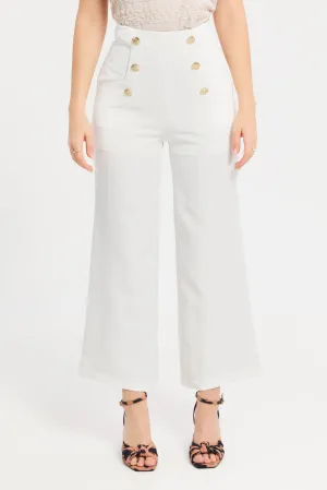 Women Ivory Straight Leg Button Detail Trouser